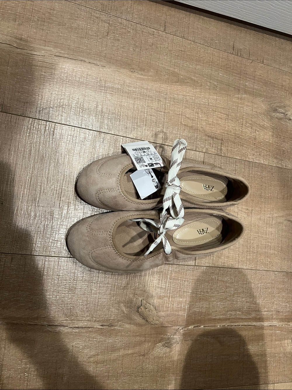 Zara Beige Suede Ballet Flats with Striped Cream Laces - Picture 6 of 6